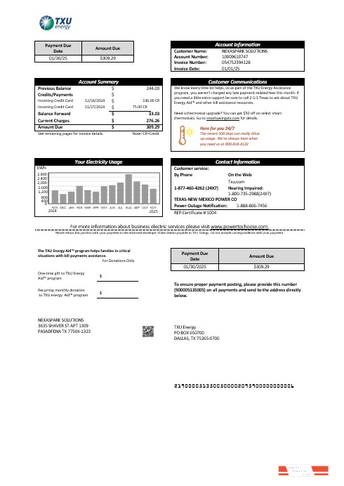 USA Texas TXU Energy business utility bill template in Word and PDF formats
